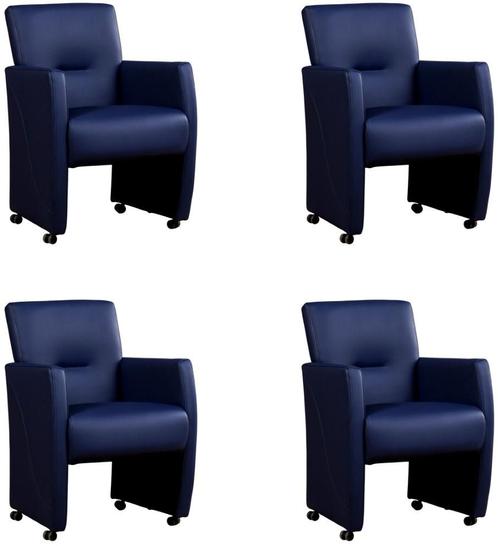 Set van 4 Blauwe leren moderne eetkamerfauteuils - Toledo, Huis en Inrichting, Stoelen, Overige kleuren, Vier, Nieuw, Leer, Ophalen of Verzenden