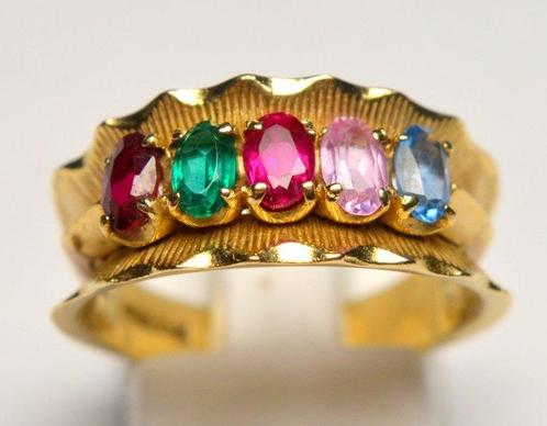 Bague - 14 carats Or jaune, Grenat, Tourmaline, Rubis,, Handtassen en Accessoires, Ringen