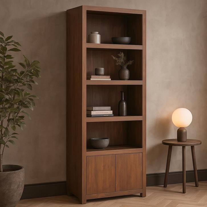 Wandkast Mangohout Evan 80 Walnoot (4 Open Vakken, 2 Deuren), Huis en Inrichting, Kasten | Overige, Nieuw, Verzenden