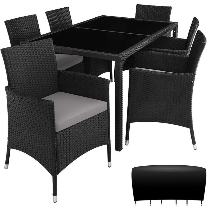 tectake Wicker zitgroep Porto 6+1 met beschermhoes - zwart /, Jardin & Terrasse, Ensembles de jardin, Envoi