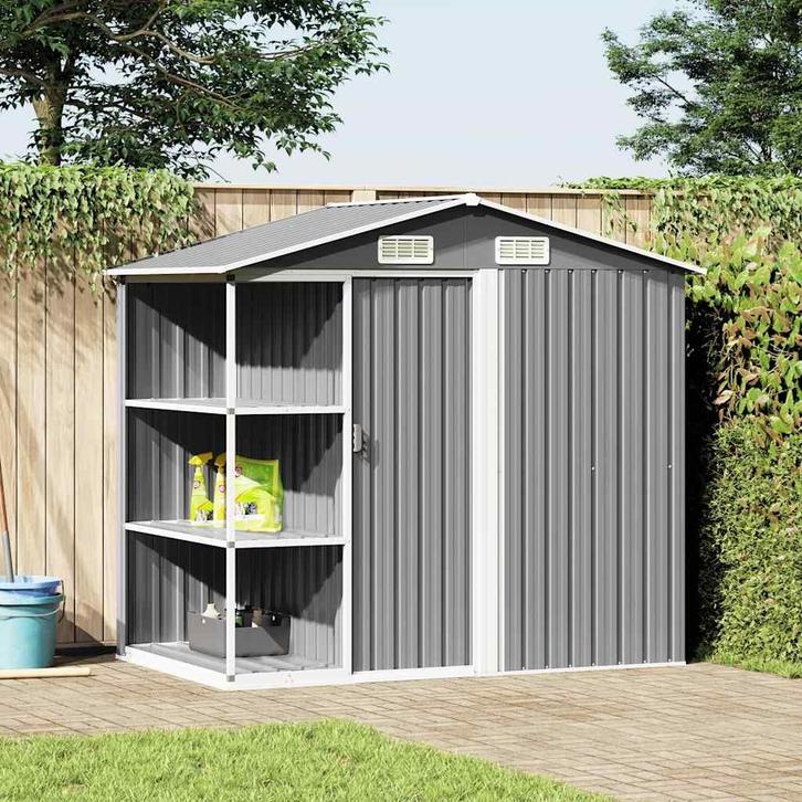 vidaXL Tuinschuur met rek 205x130x183 cm ijzer grijs, Jardin & Terrasse, Abris de jardin, Envoi