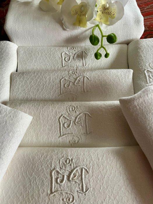 Oud linnen tafellaken, bijpassende servetten, met de hand, Antiek en Kunst, Kunst | Designobjecten