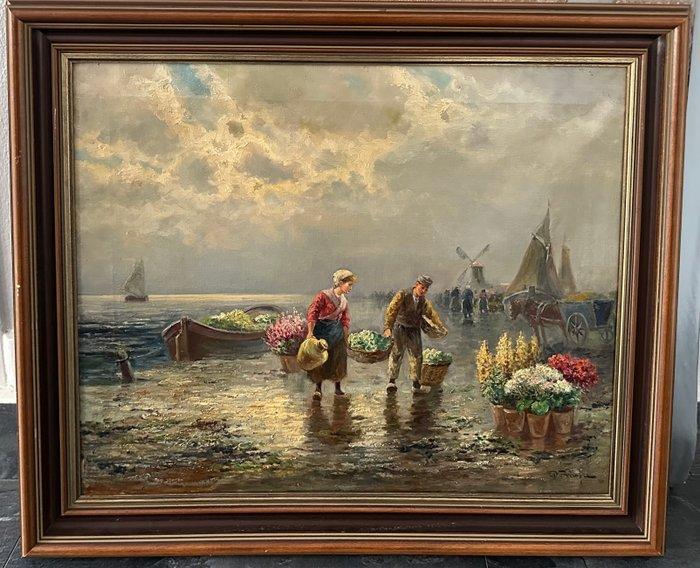 Europese school (XIX) - Bloemenverkopers aan de haven, Antiek en Kunst, Kunst | Schilderijen | Klassiek