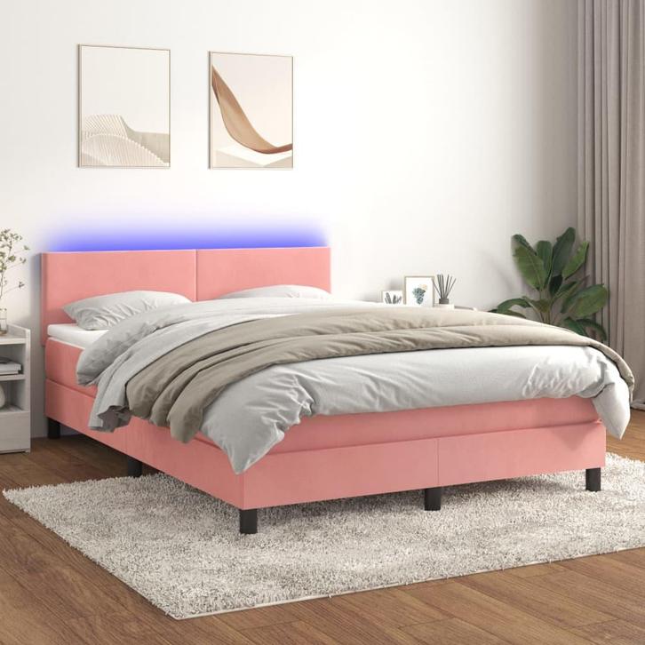 vidaXL Boxspring met matras en LED fluweel roze 140x200 cm, Huis en Inrichting, Slaapkamer | Bedden, Nieuw, Verzenden