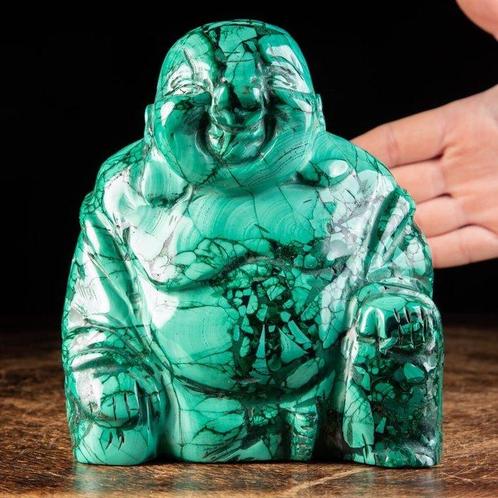 Malachietsculptuur - Lachende Boeddha - Fijn snijwerk -, Verzamelen, Mineralen en Fossielen