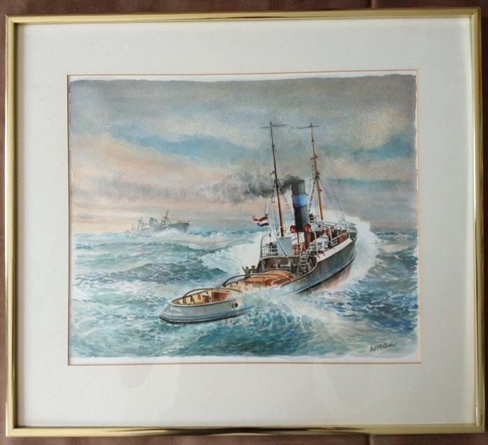 Ad M. Oudes (XX) - Sleepboot op zee, Antiek en Kunst, Kunst | Schilderijen | Klassiek