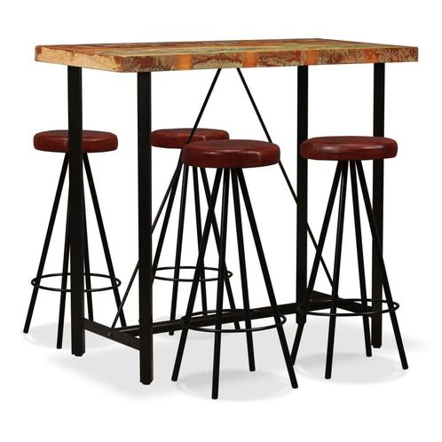 vidaXL Barset massief gerecycled hout en echt leer 5-delig, Huis en Inrichting, Complete eetkamers, Nieuw, Verzenden