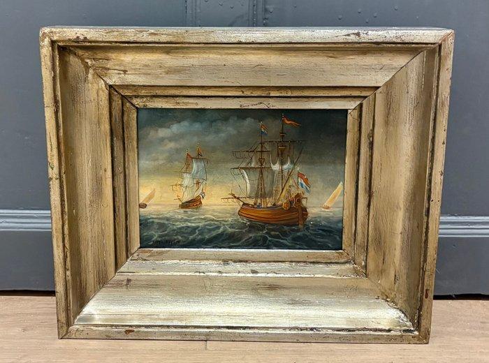 Belgische school (XIX) - Barcos neerlandeses navegando, Antiek en Kunst, Kunst | Schilderijen | Klassiek