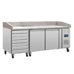 Comptoir à Pizza INOX | Dessus Marbre | 2 Portes 7 Tiroirs |