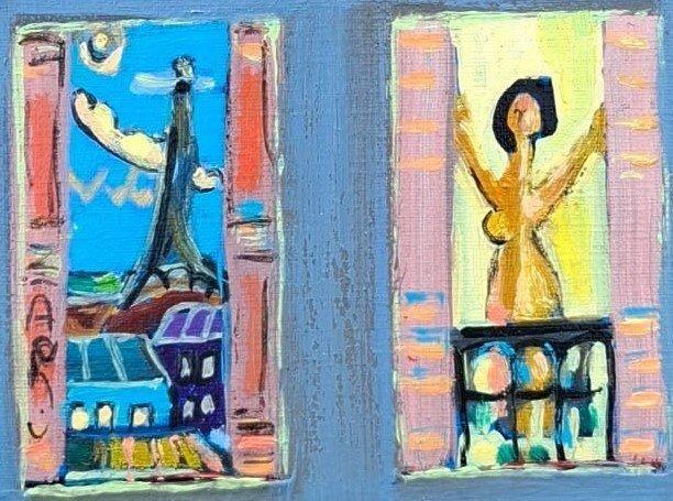 Christian Jodin (1970) - La parisienne à sa fenêtres un bon, Antiek en Kunst, Kunst | Schilderijen | Modern