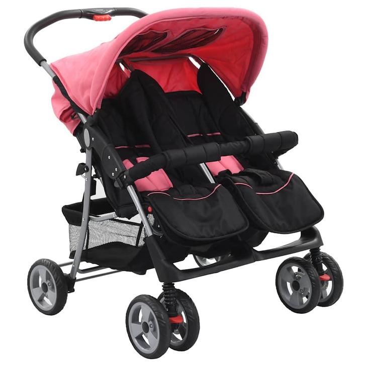 vidaXL Tweelingkinderwagen staal roze en zwart, Kinderen en Baby's, Kinderwagens en Combinaties, Nieuw, Verzenden