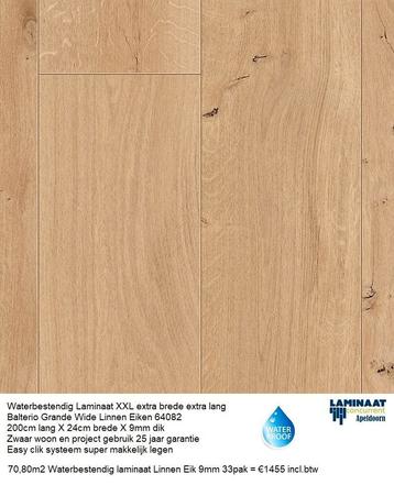 70,80m2 Waterbestendig Laminaat Linnen Eik 9mm 33pak  =€1455, Ophalen of Verzenden, Laminaat