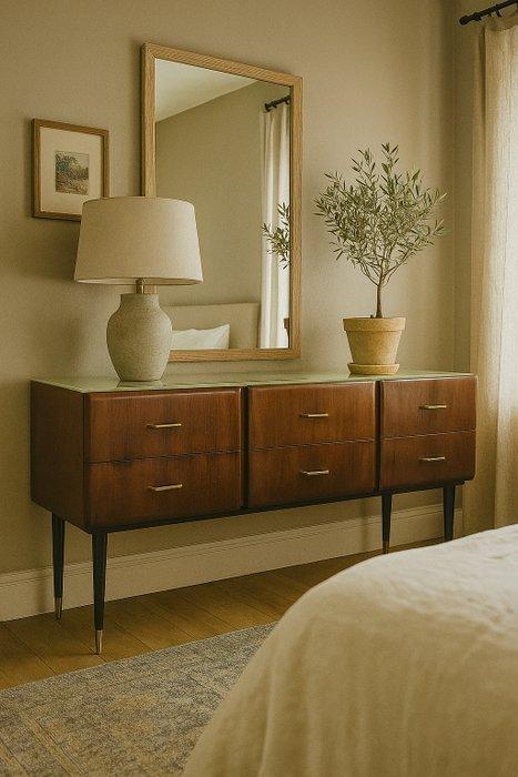 Ladekast - Mid Century commode in mahoniehouten radica en, Antiek en Kunst, Kunst | Designobjecten