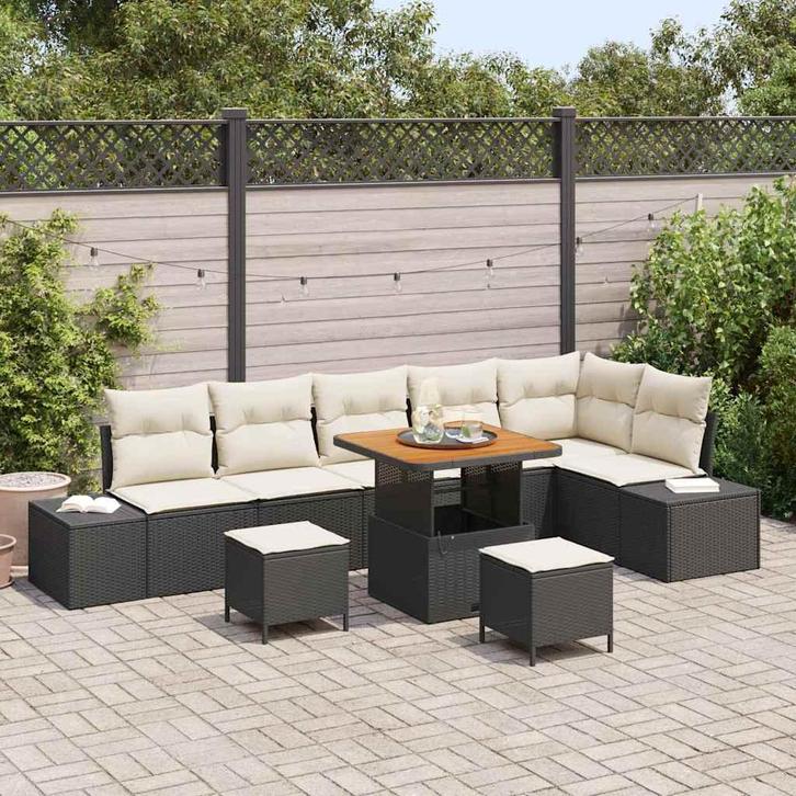 vidaXL Tuinbank Set met kussen 9 pcs Zwart Poly rattan, Tuin en Terras, Tuinsets en Loungesets, Nieuw, Verzenden