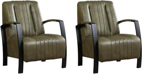 Set van 2 Olijfgroene leren industriële stalen fauteuils -, Huis en Inrichting, Fauteuils, 50 tot 75 cm, 75 tot 100 cm, Nieuw