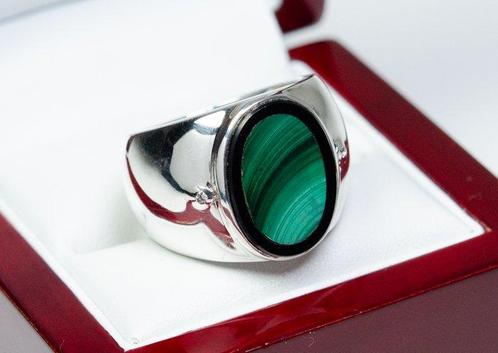 Zonder Minimumprijs - Ring - 925 zilver - onyx en malachiet, Handtassen en Accessoires, Ringen