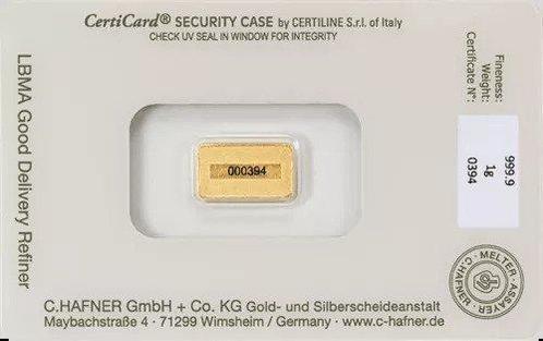 1 gram - Goud .999 - C. Hafner - Verzegeld en met, Postzegels en Munten, Edelmetalen en Baren