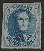 België 1851 - 20c blauw, medaillon met watermerk LL zonder, Timbres & Monnaies