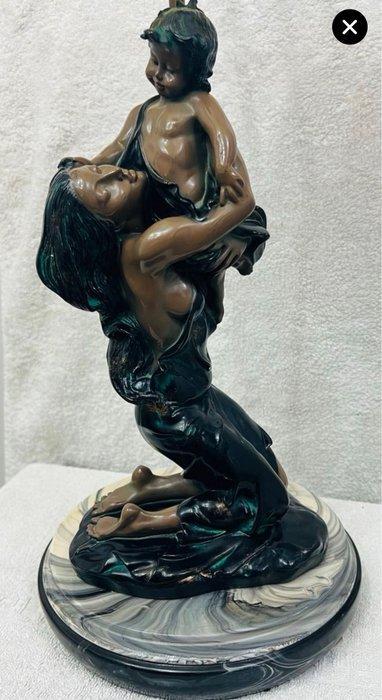 Tafellamp met beeldje - Gepatineerd brons, Opaline glas, Wit, Antiek en Kunst, Curiosa en Brocante