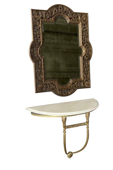 Wandtafel - Hout, Marmer, Brons - Antieke console en spiegel, Antiek en Kunst, Curiosa en Brocante