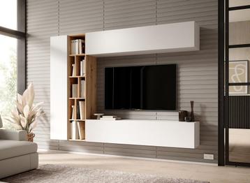 Meubella | Wandmeubel wit eiken Set boekenkast TV-Meubel, Huis en Inrichting, Verzenden, Nieuw, 150 tot 200 cm, 25 tot 50 cm