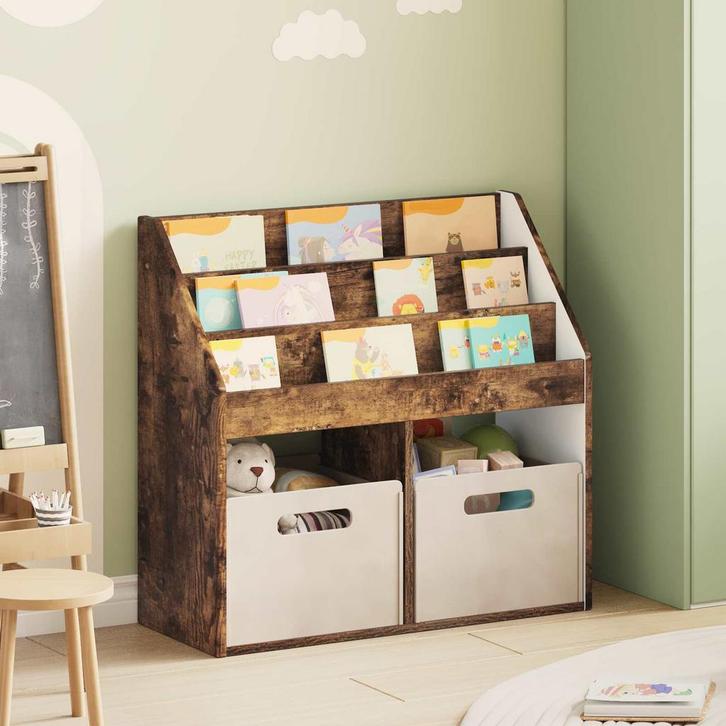 vidaXL Kinderboekenplank Rook Eiken 72,5 x 29,5 x 69 cm, Huis en Inrichting, Woonaccessoires | Krantenbakken en Lectuurbakken