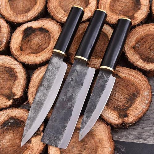 Keukenmes - Chefs knife - Zwarte g 10 en messing bolsters, Antiek en Kunst, Antiek | Keukengerei