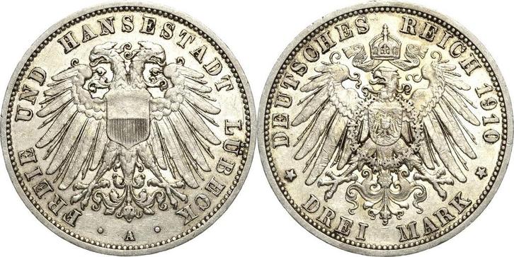 3 Mark 1910 Luebeck, Timbres & Monnaies, Monnaies | Europe | Monnaies non-euro, Envoi