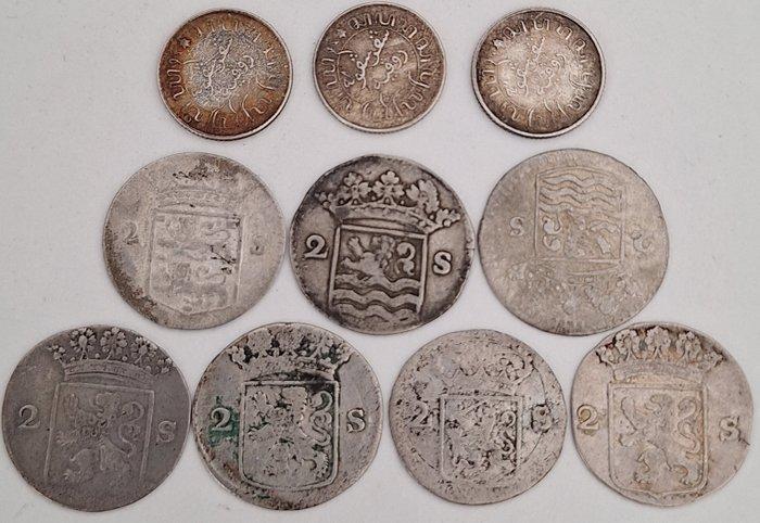 Nederland. Lot of 10 coins: 7 x 2 Stuiver, 1731-1791 &, Postzegels en Munten, Munten | Nederland