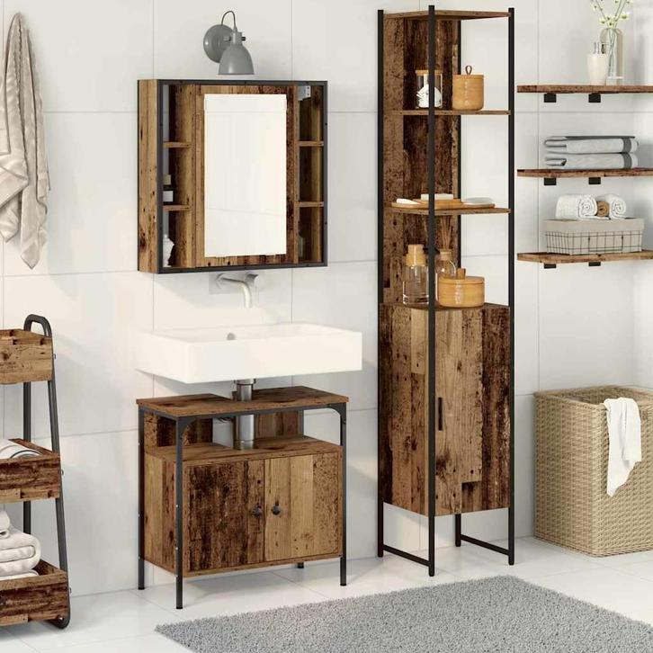 vidaXL Badkamerkast set 3 pcs Oud hout 33 x 33 x 185,5 cm, Huis en Inrichting, Badkamer | Badkamermeubels, Nieuw, Verzenden
