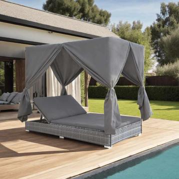 vidaXL Loungebed met gordijnen poly rattan grijs, Verzenden