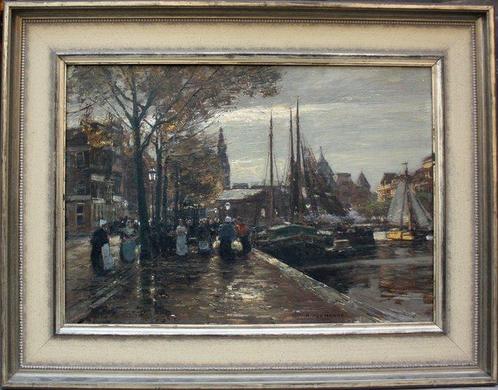 Heinrich Hermanns (1862-1942) - Amsterdam canal with market, Antiek en Kunst, Kunst | Schilderijen | Klassiek