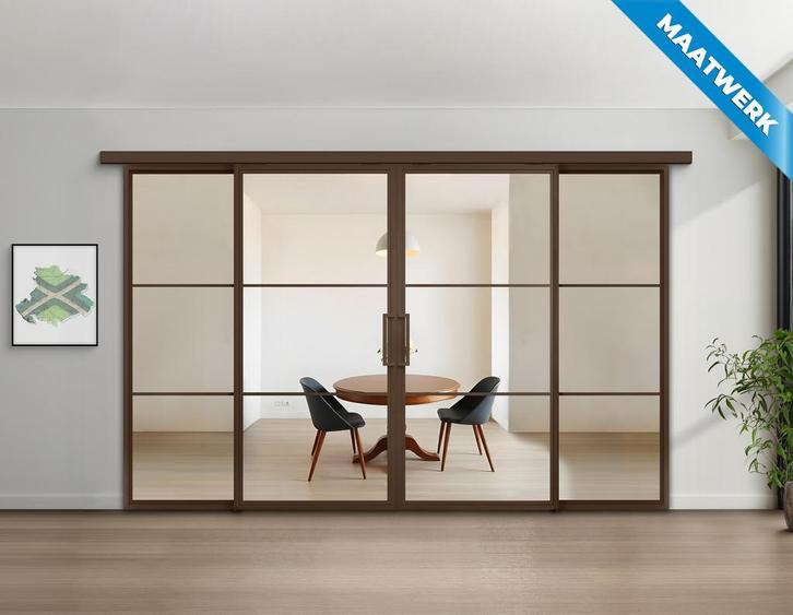 Dubbele stalen Schuifdeuren met koofsysteem en glaspanelen 3, Doe-het-zelf en Bouw, Raamkozijnen en Schuifdeuren, Nieuw, Inclusief glas