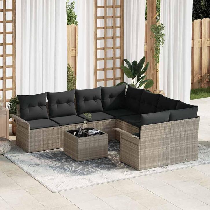 vidaXL Tuinbank Set 9 pcs Lichtgrijs Poly rattan, Tuin en Terras, Tuinsets en Loungesets, Nieuw, Verzenden