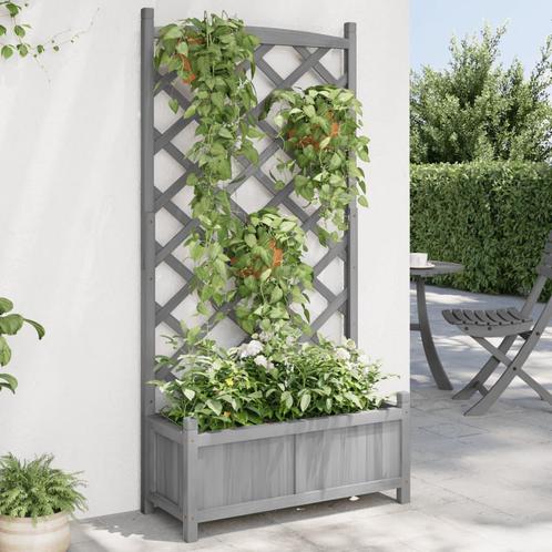 vidaXL Plantenbak met latwerk massief vurenhout grijs, Tuin en Terras, Bloempotten, Nieuw, Verzenden