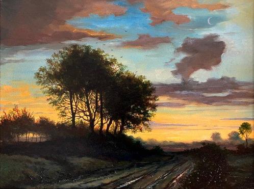 R. de Beeld (XX) - Landschap met bomen bij avondschemering, Antiek en Kunst, Kunst | Schilderijen | Klassiek
