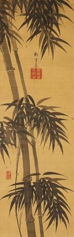 Very fine sumi-e bamboo painting - with tomobako -