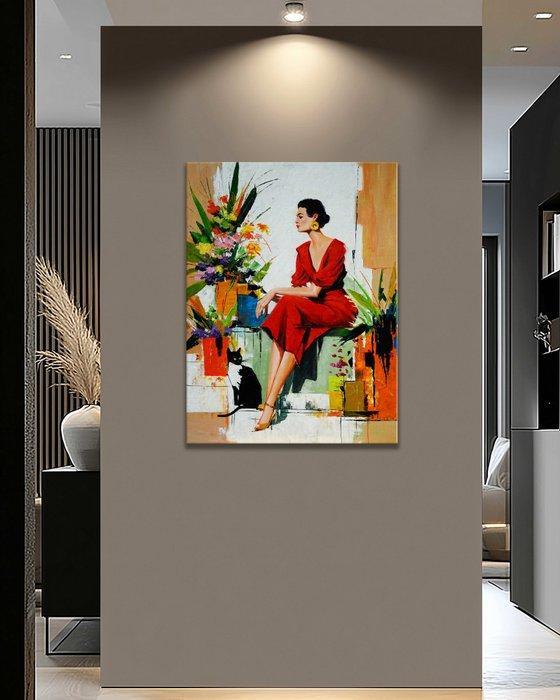 Matteo - Lady in Crimson, Antiquités & Art, Art | Peinture | Moderne