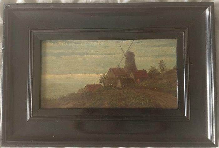 Nederlandse school (XIX) - Molen en huizen aan zee, Antiek en Kunst, Kunst | Schilderijen | Klassiek