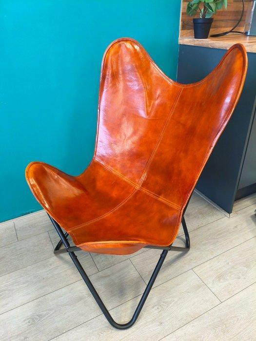 Stoel - Metaal, Leder - Vlinderstoel Bruin, Antiek en Kunst, Kunst | Designobjecten