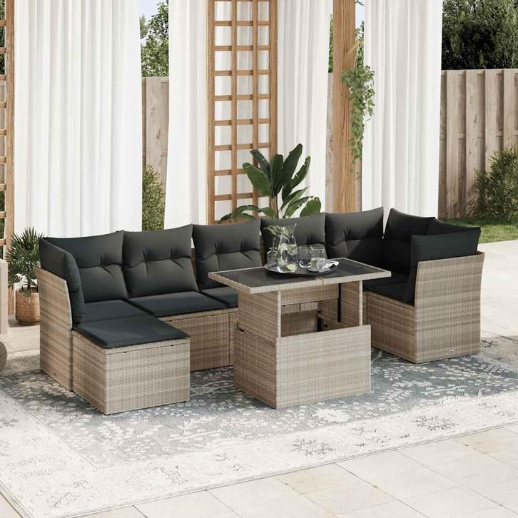 vidaXL 8-delige Loungeset met kussens poly rattan lichtgrijs, Tuin en Terras, Tuinsets en Loungesets, Loungeset, Nieuw, Verzenden