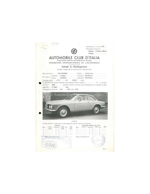 1969 ALFA ROMEO 1750 GT AM F.I.A. HOMOLOGATIE BLADEN ITALI.., Verzamelen, Automerken, Motoren en Formule 1, Ophalen of Verzenden