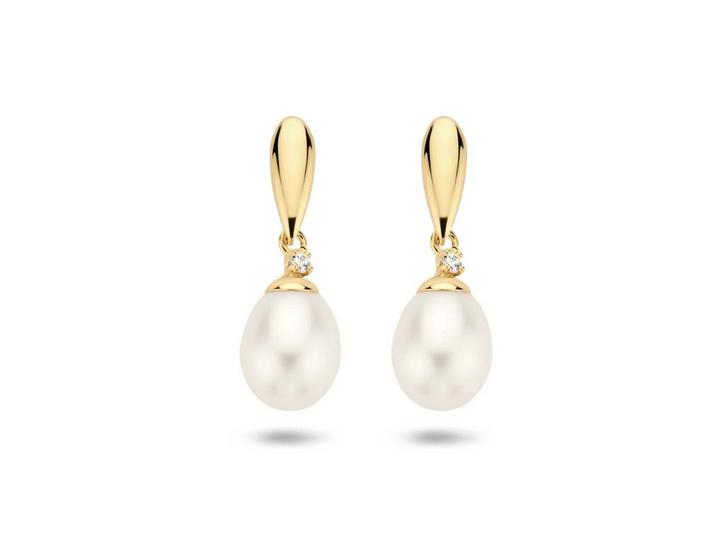 Marie Celeste oorhangers - Parel en Zirkonia - 14 karaat, Kleding | Dames, Overige Dameskleding, Zo goed als nieuw, Verzenden