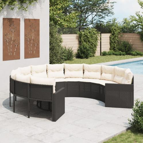 vidaXL Tuinbank met kussens rond poly rattan zwart, Tuin en Terras, Tuinsets en Loungesets, Nieuw, Verzenden