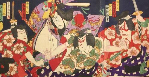 Japanse drieluik houtblok prent van kabuki-acteurs -, Antiek en Kunst, Antiek | Overige Antiek