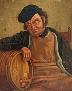 Hollandse school (XXI) - Oud schilderij man met wijnvat, Antiquités & Art, Art | Peinture | Classique