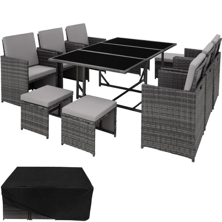 tectake Wicker zitgroep Malaga 6+4+1 met beschermhoes - grij, Tuin en Terras, Tuinsets en Loungesets, Verzenden