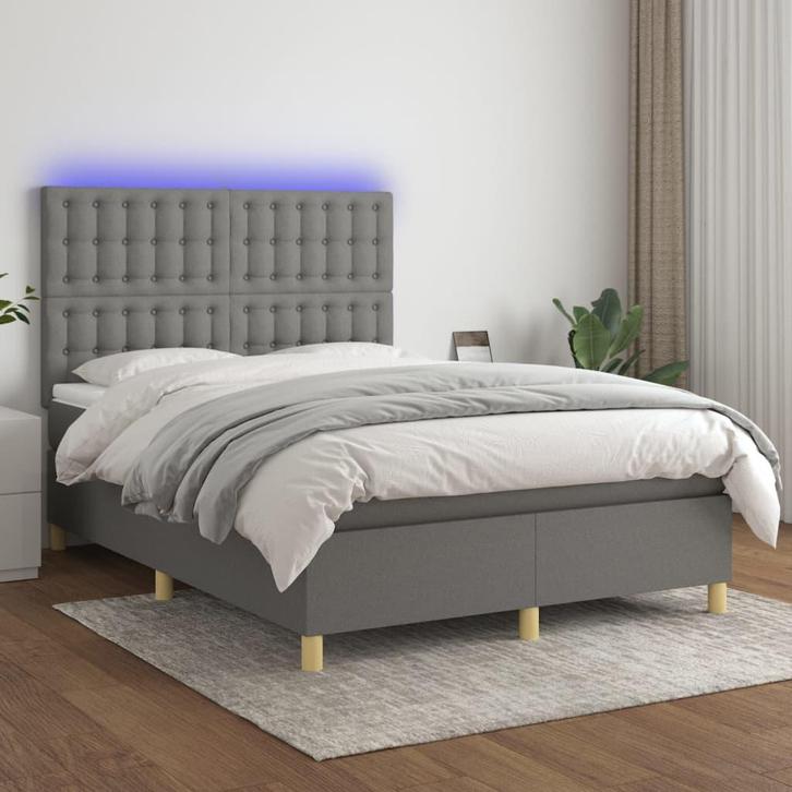 vidaXL Boxspring met matras en LED stof donkergrijs 140x200, Maison & Meubles, Chambre à coucher | Lits, Envoi