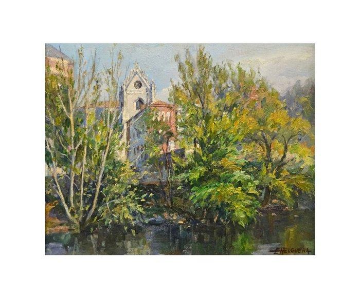 Impressionist School (XX) - The church beyond the river, Antiek en Kunst, Kunst | Schilderijen | Klassiek