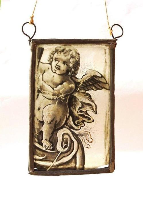 Vitrail en grisaille - Angelot - Baroque - Vitrail - XVIIe, Antiquités & Art, Antiquités | Autres Antiquités